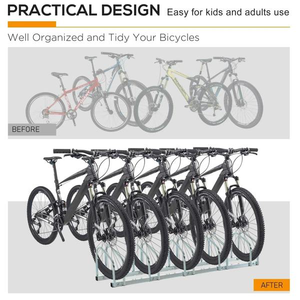 Silver 5-bike bike parking rack with multiple bicycles neatly stored