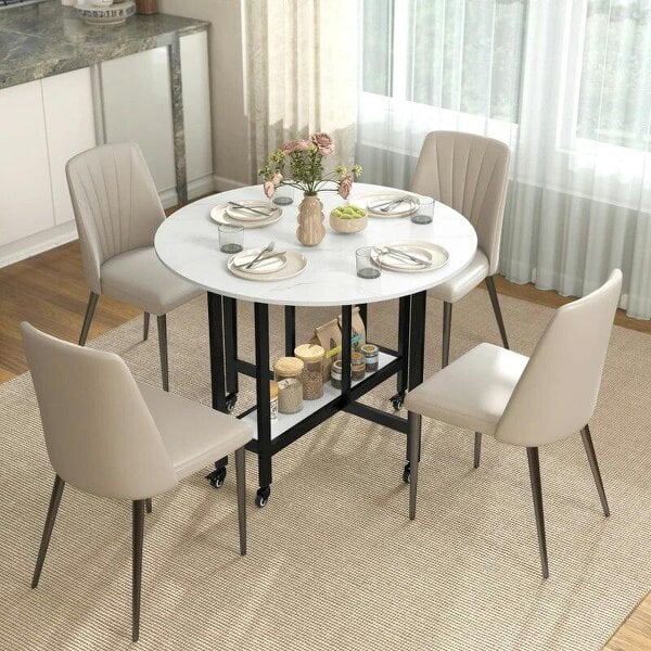 Folding Dining Table, Drop Leaf Table with Open Shelf, Rolling Kitchen Table for Dining Room, Small Spaces, White Marble - White Marble