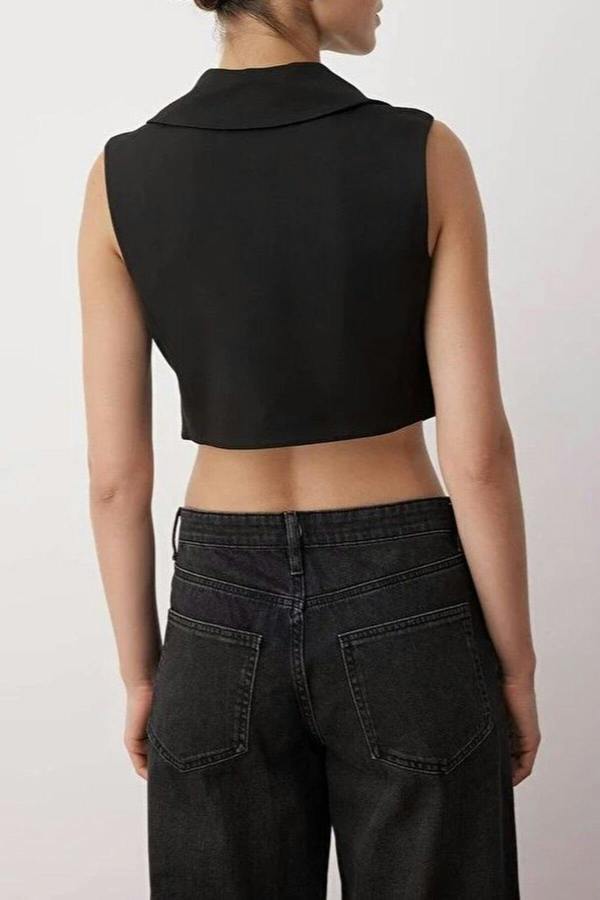 WOVCOR Crop Button-Down Jacket Collar Woven Vest