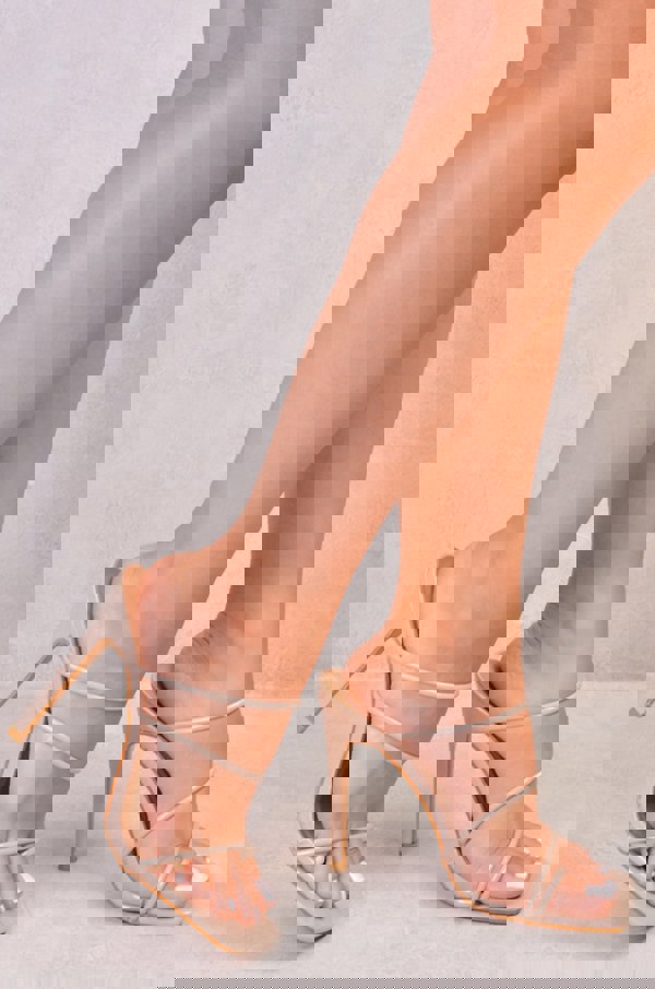 Where's That From Scarlett Strappy Toe Loop Heels in Nude Patent Faux Leather