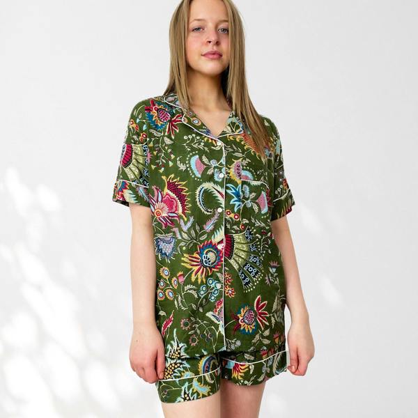 Hayley & Co Green Block Print Floral 100% Cotton Short Pyjama Set