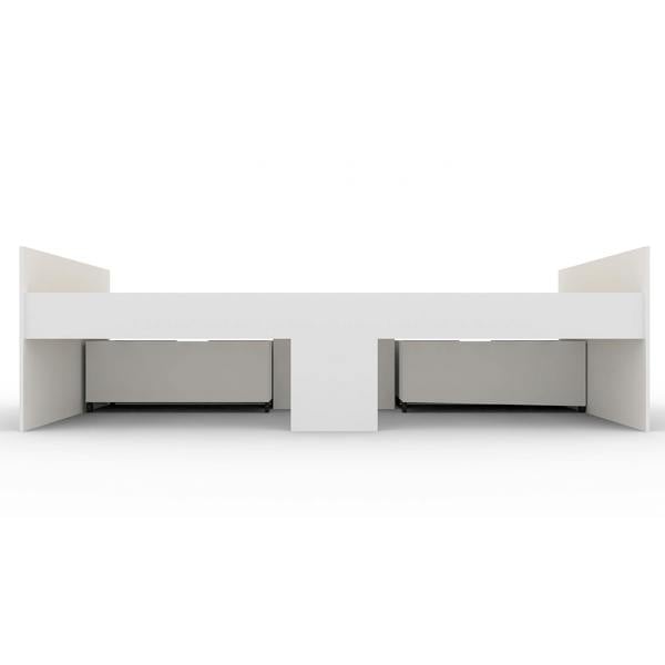 Modern white bed with two drawers on a white background