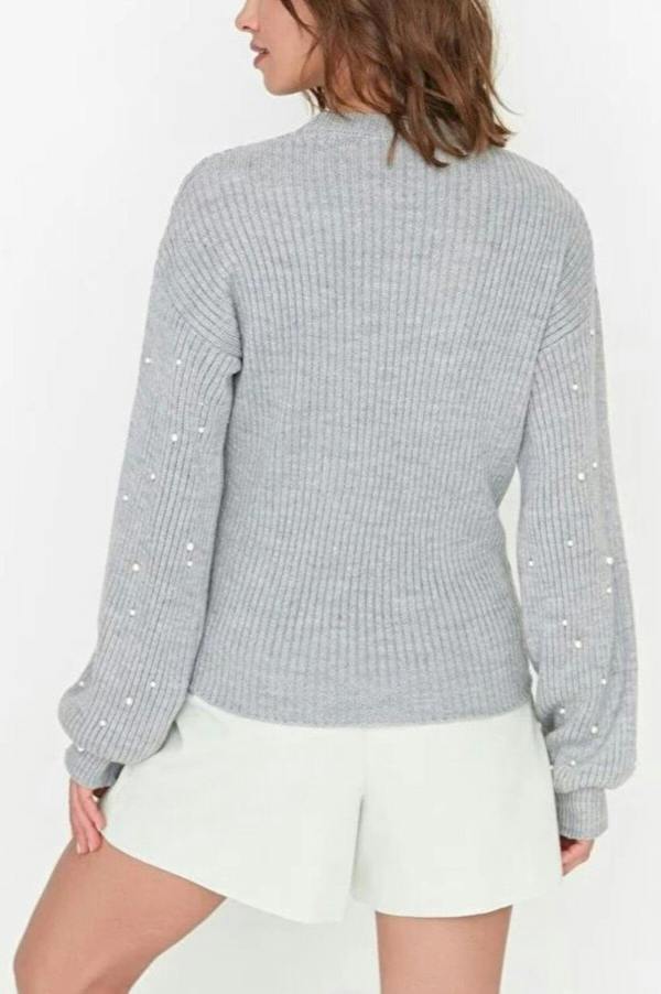 WOVCOR Crew Neck Knit Sweater with Pearl Details