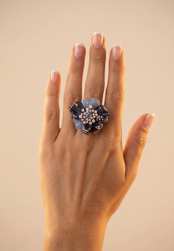 Latelita Blue Orchid Flower Cocktail Ring Silver