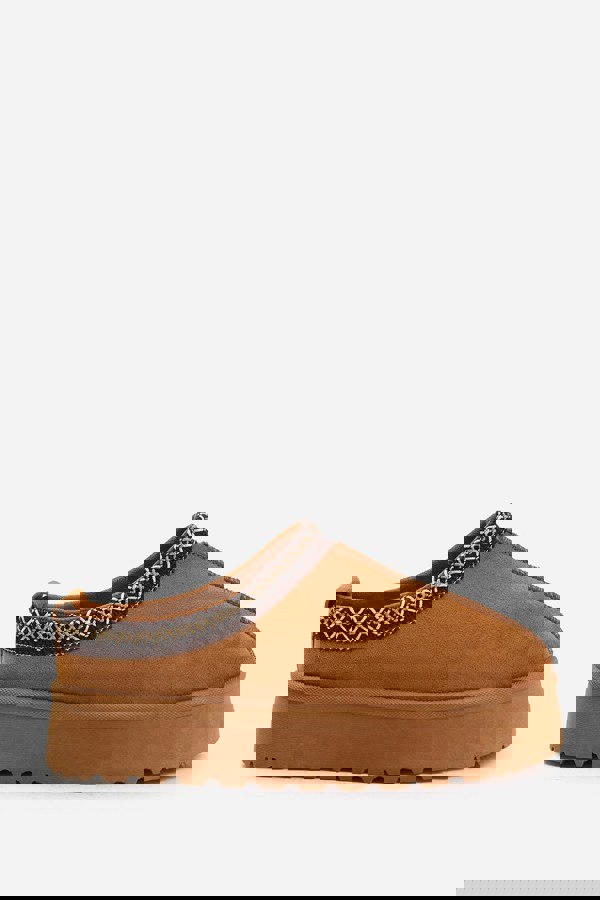 Where's That From Allegra Flatform Embroidered Low Ankle Slipper Boots in Chestnut Suede
