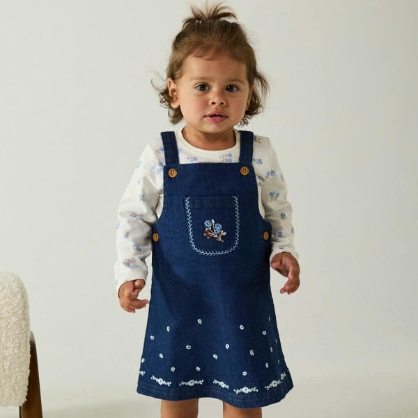 Mini Cuddles Floral Pinny with Top (Blue & White)