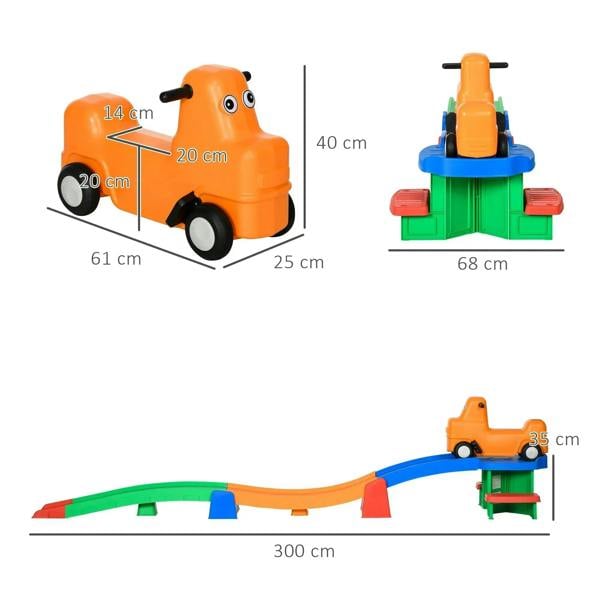 Kids ride-on roller coaster track with orange car and blue-green platforms (shown dimensions)