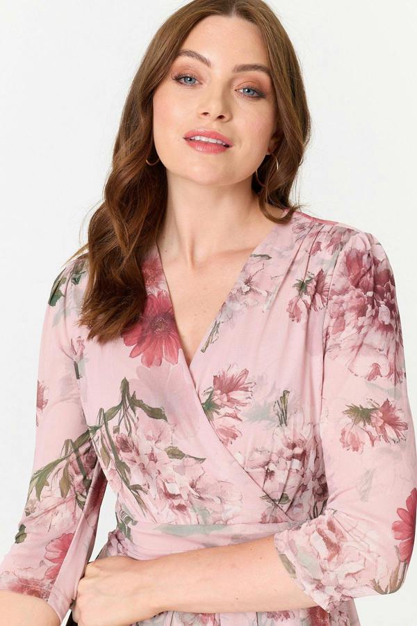 Pink | Floral 3/4 Sleeve Wrap Front Midi Dress
