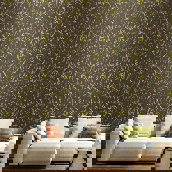 Hoopla Walls Springtime Meadow - Charcoal & Coral 10m Wallpaper