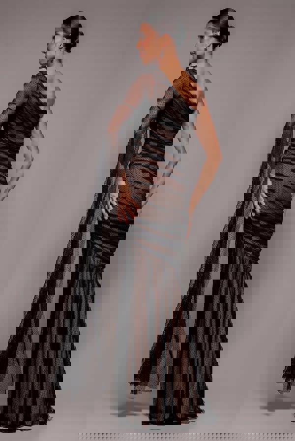 Gathered One Sleeve Angel Wing Mermaid Maxi Dress - Black DR4593