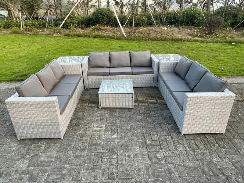 Fimous Light Grey Lounge Outdoor PE Rattan Garden Furniture Set Wicker Sofa Set Square Coffee Table 2 Side Table 9 Seat