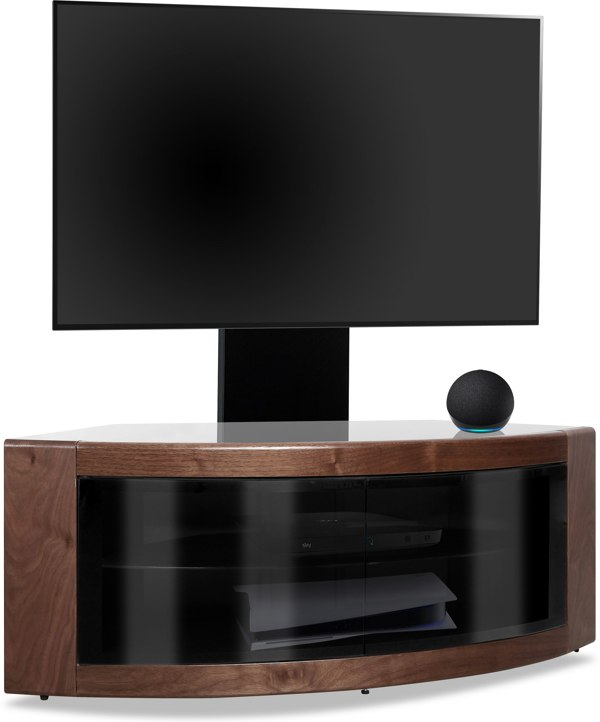 Centurion Supports PANGEA Black/Walnut Beam-Thru Curved True-Corner 32"-50" TV Cabinet with Mounting Arm