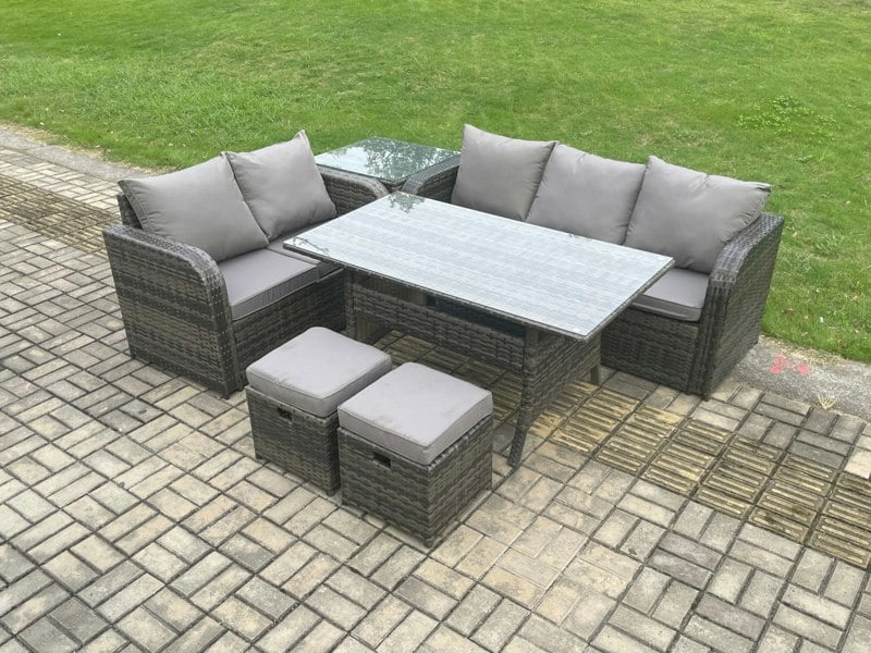 Fimous Outdoor Garden Patio Furniture Set - Dark Grey Mixed Wicker Rattan Oblong Dining Table & Lounge Sofa with 2 Small Footstools