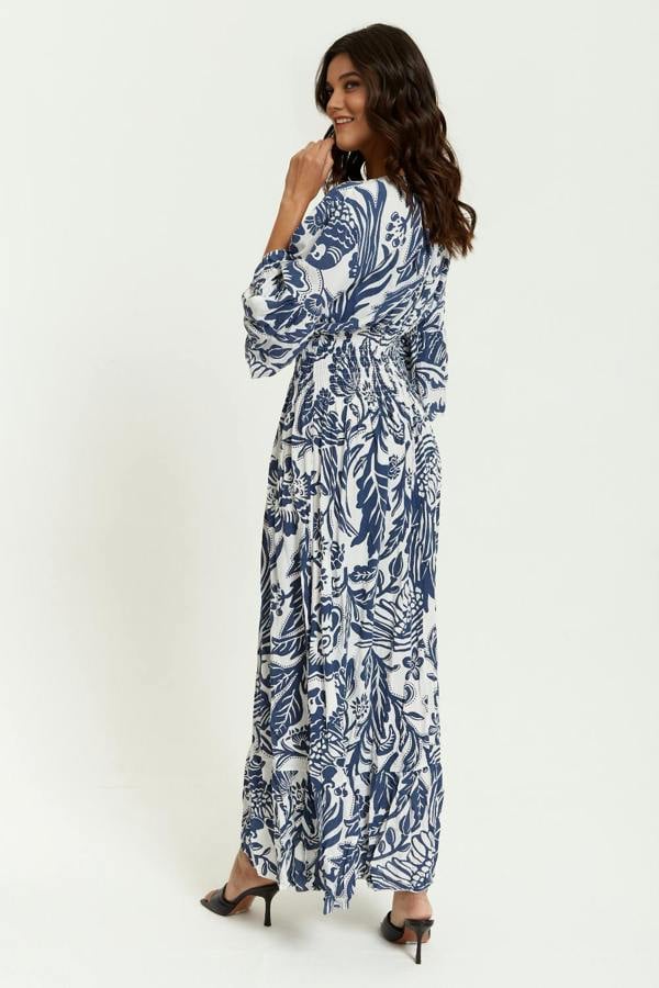 Hoxton Gal Oversized V Neck Detailed Floral Print Maxi Dress in Navy and White