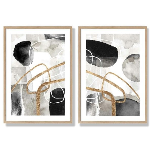 Sage Green Geometric Pineapple Fruit Set of 2 Art Prints with Oak Frame