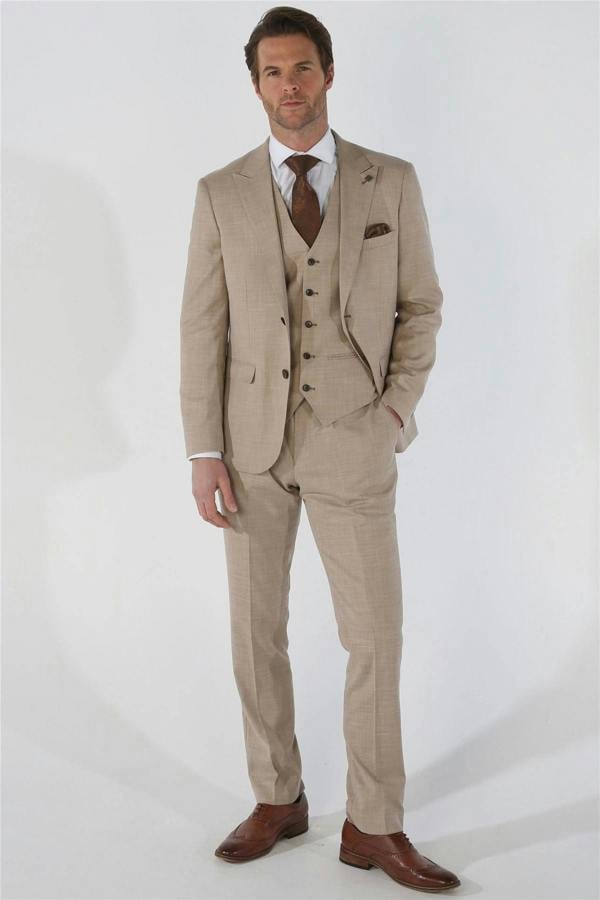 Infinity Leather Men's 3 Piece Beige Summer Wedding Tailored Fit Suit