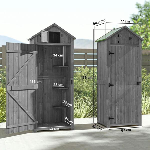 Grey wooden garden shed with double doors and tall corner wall panels