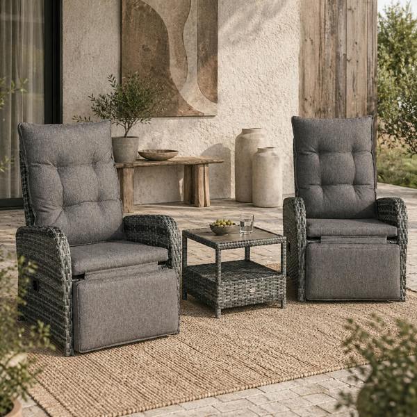 Wyld Haus Nodika Rattan Grey 2 Seater Outdoor Bistro Set with Reclining Armchairs and Table