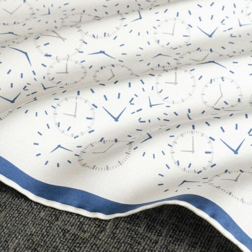 Otway & Orford 'Chronos' watch design silk pocket square in white with blue & grey (42 x 42cm)