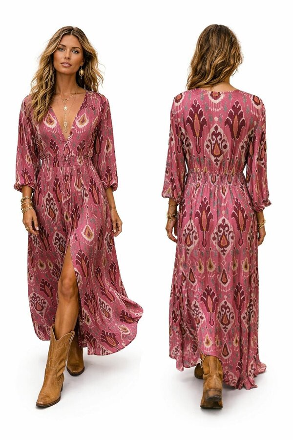 Rose Pink Aztec print satin button through maxi dress