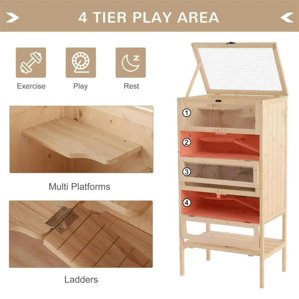 Natural wood 4-tier hamster cage with multi-platform levels and ladder access
