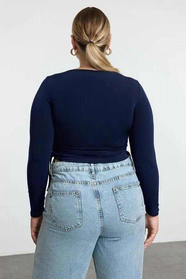 WOVCOR Square Neck Plus Size Knitted Blouse with Gathered Sides