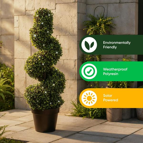 Gardenwize Solar Faux Plant – Twist Topiary Tree in Pot with 100 LED Lights