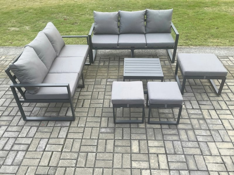 Fimous Aluminium 9 Seater Outdoor Garden Furniture Lounge Sofa Set with Square Coffee Table 3 Footstools Dark Grey