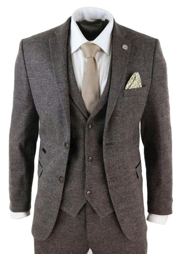 TruClothing Men's 3 Piece Brown Herringbone Tweed Suit