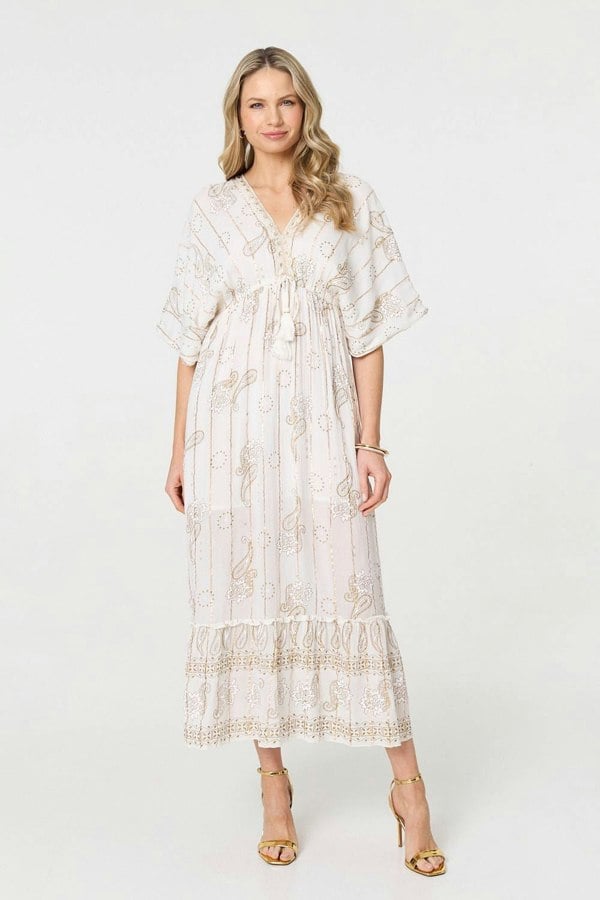 White | Embellished Kimono Sleeve Maxi Dress : Model is 5'10"/178 cm and wears UK10/EU38/US6/AUS10
