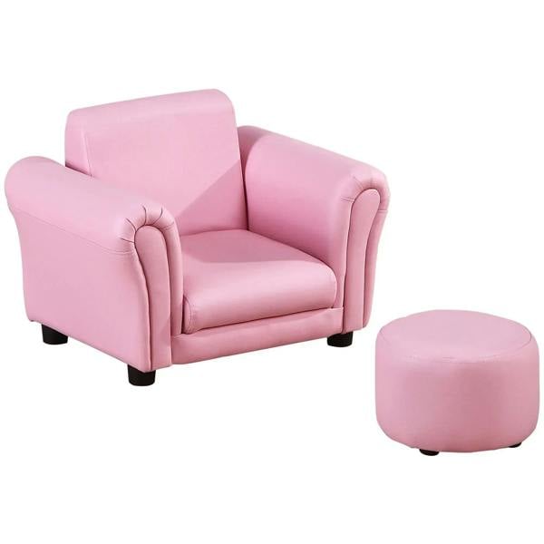Pink toddler single-seater sofa chair with round footstool, upholstered with armrests.