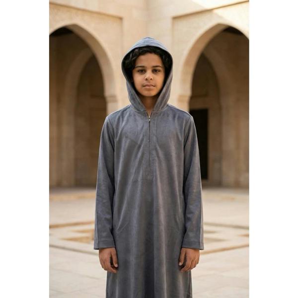 HM12 - Boy's Hooded Suede Emirati Omani Zipped Thobe - Grey - Thobez - 16