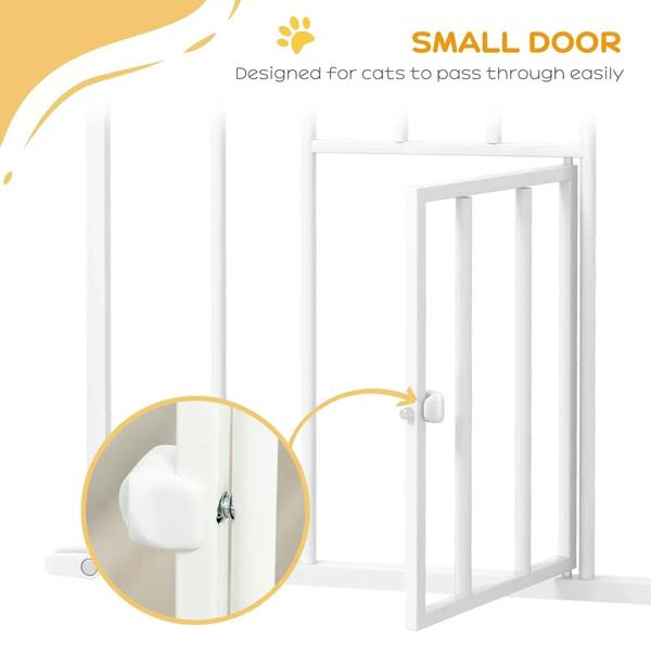 White extra-tall pet gate with small door for cats and side latch