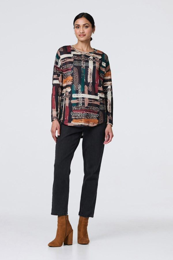 Brown | Brushstroke Print Curved Hem Long Sleeve Top
