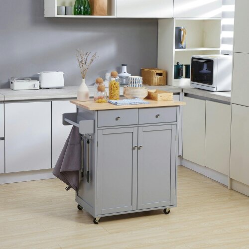 Wyld Haus Mobani Natural Top Grey Wood Rolling Kitchen Island With Drawers Towel Rack And Hooks