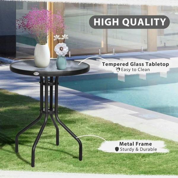 Black round bistro coffee table with tempered glass top and sturdy metal tripod frame.