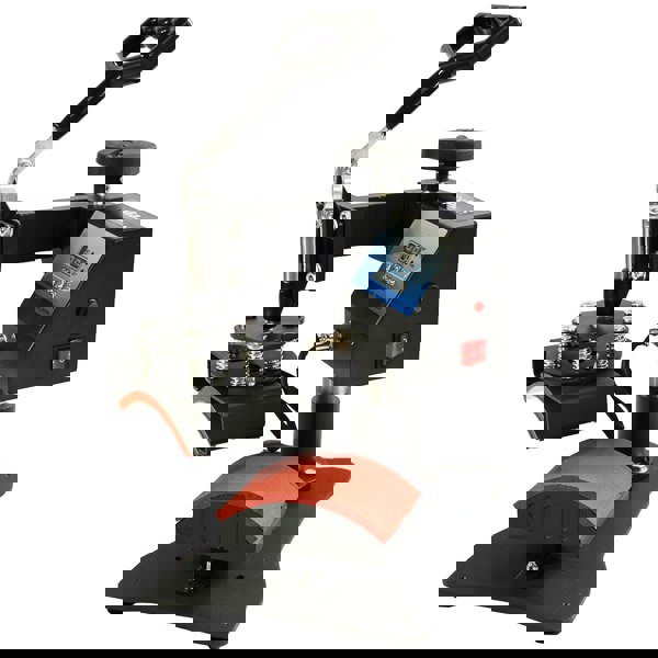 PixMax Cap Heat Press & Printer features a sturdy black frame, adjustable handle, and red silicone pad for precise cap printing