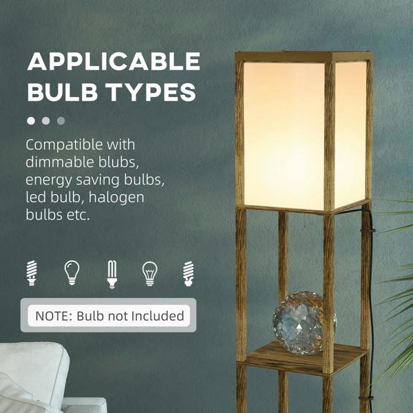 Brown tall shelf floor lamp with two glass shades and small top shelf; bulb bay visible