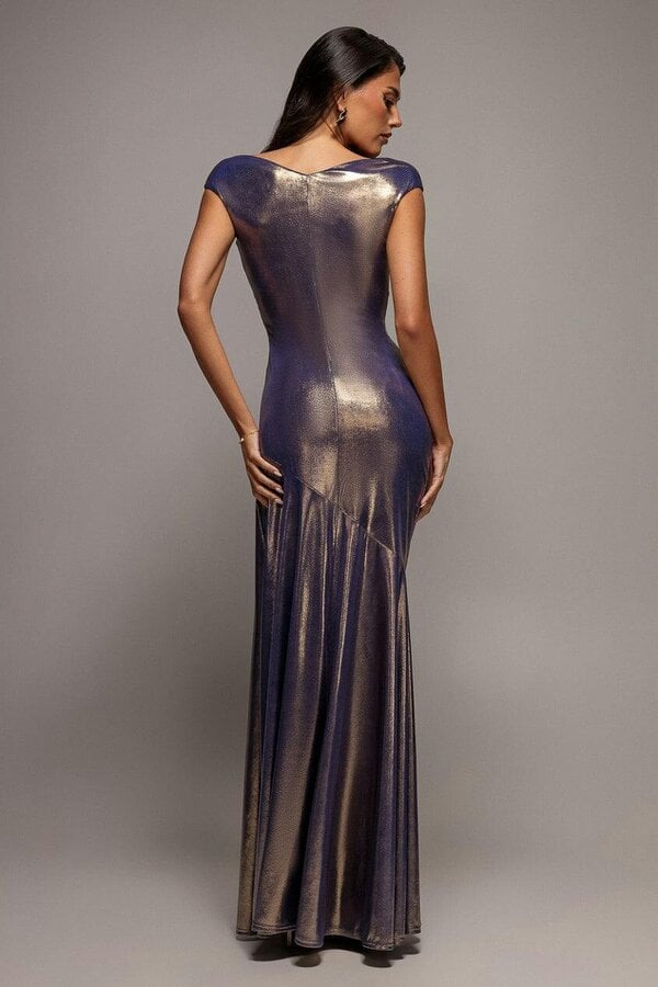Goddiva Side Gathered Slant Tiered Front Wrap Mermaid Maxi Dress - Dark Gold by Goddiva