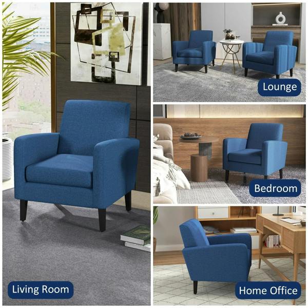 Blue armchair shown from front in multiple room views, with padded seat and dark legs.