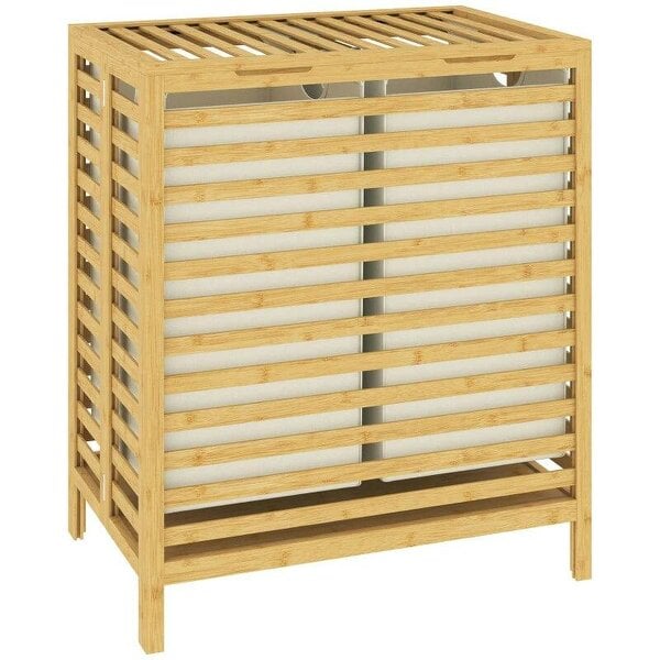 Bamboo Laundry Basket with Lid, 2 Baskets, Foldable, 64L, Natural and Cream White