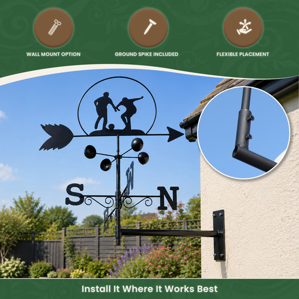 Footballer Weathervane, All-Steel Black Painted Weather Vane With Wall Fixings and Ground Spike, Quick Self-Assembly