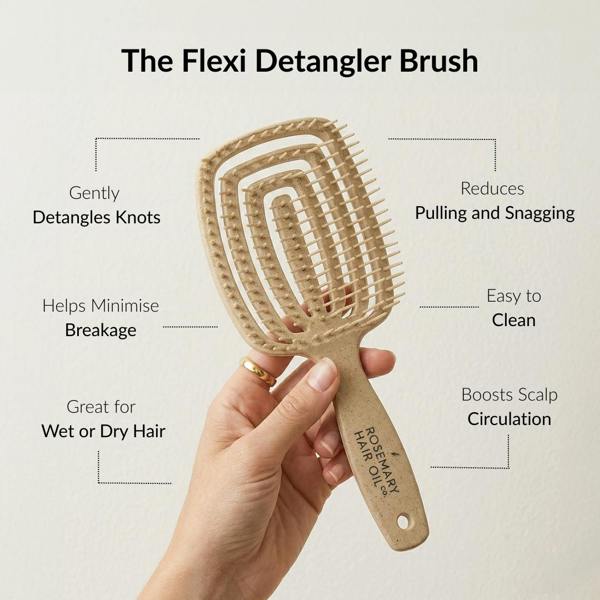 Flexi detangler brush held by a hand with text highlighting its features on a light background, Beige hairbrush with 'Rosemary Hair Oil Co.' branding on a beige background, detangle brush, tangle teaser, flexi brush