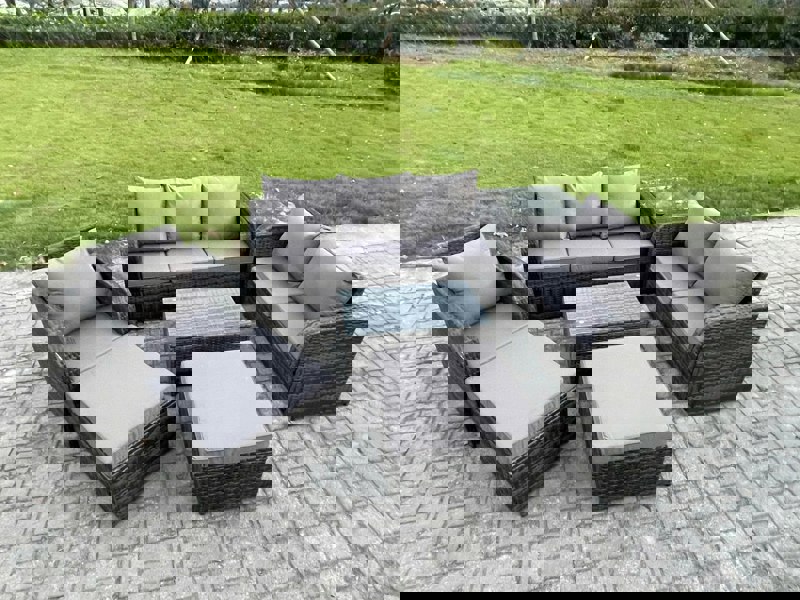 Fimous Outdoor Garden Furniture Sets 7 Pieces Wicker Rattan Furniture Sofa Sets with Rectangular Coffee Table Loveseat Sofa 2 Big Footstool Side Table