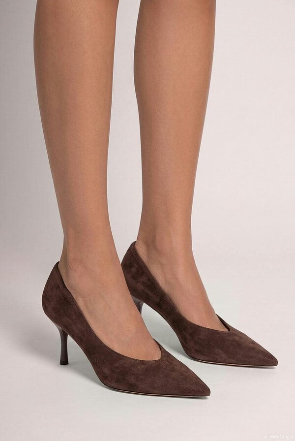 Goddiva Classic Low Cut Stiletto Style Suede Court Heels - Brown by Goddiva