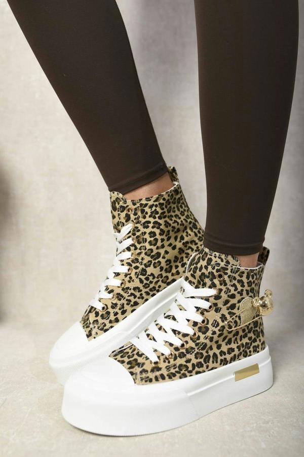 Dana High Top Lace Up Platform Ankle Trainers With Decorative Detail - Leopard