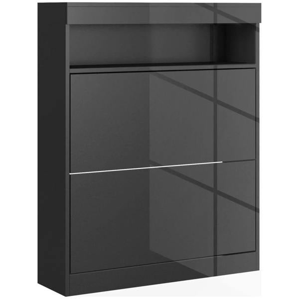 High-gloss black flip-door shoe storage cabinet front with recessed panels