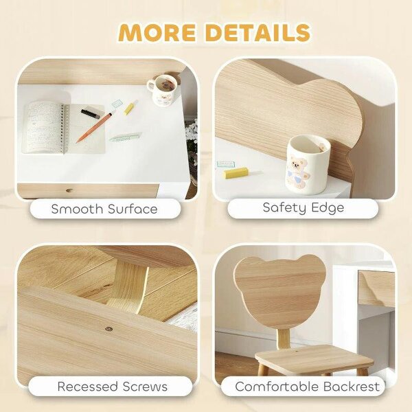Kids Desk and Chair Set with Drawer for Drawing, Reading, Bear Theme Children Furniture for Bedroom, Daycare, Natural