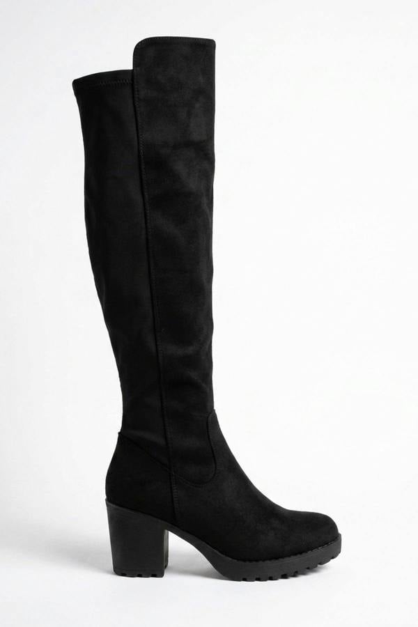 Genevieve Over The Knee Block Boots - Black Suede