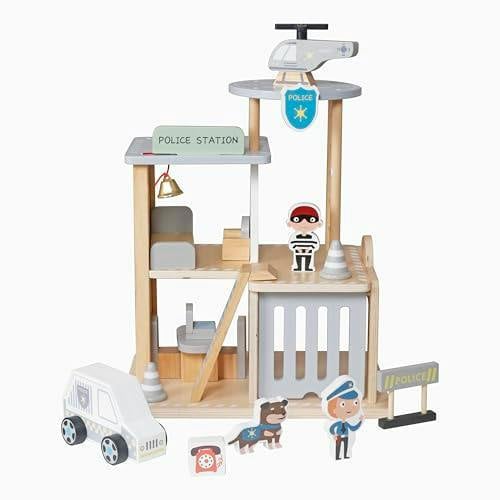 HYGRAD® Wooden Police Station Playset for Kids – Multilevel Pretend Play Toy Dollhouse, 3-Level with Figures, Car, Helicopter Pad, Prison Cell